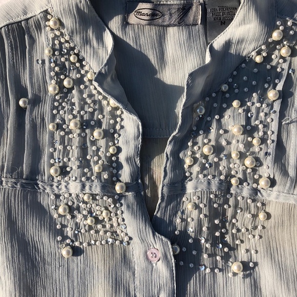 Sheer Ruffle Pearl Sparkly Babydoll Blouse - Picture 3 of 6